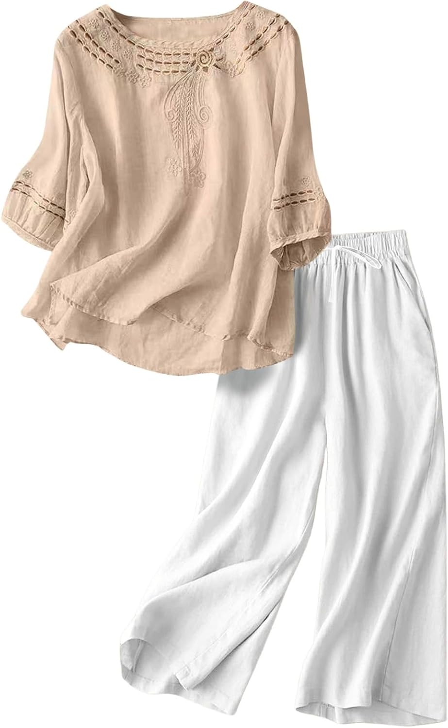 Linen Sets For Women 2 Piece Summer Vacation Outfits 3/4 Sleeve Embroidery Shirts Wide Leg Pants Beach Matching Sets