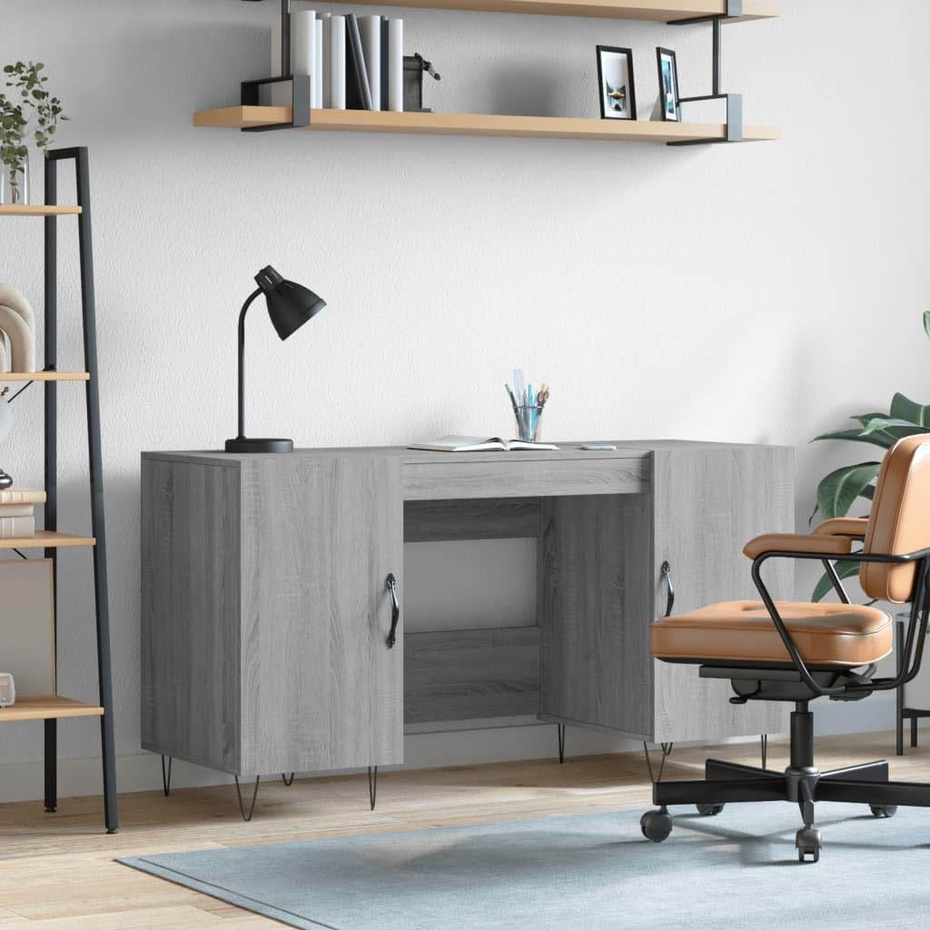 Bureau gris sonoma 140x50 cm avec rangements et pieds en fer robustes