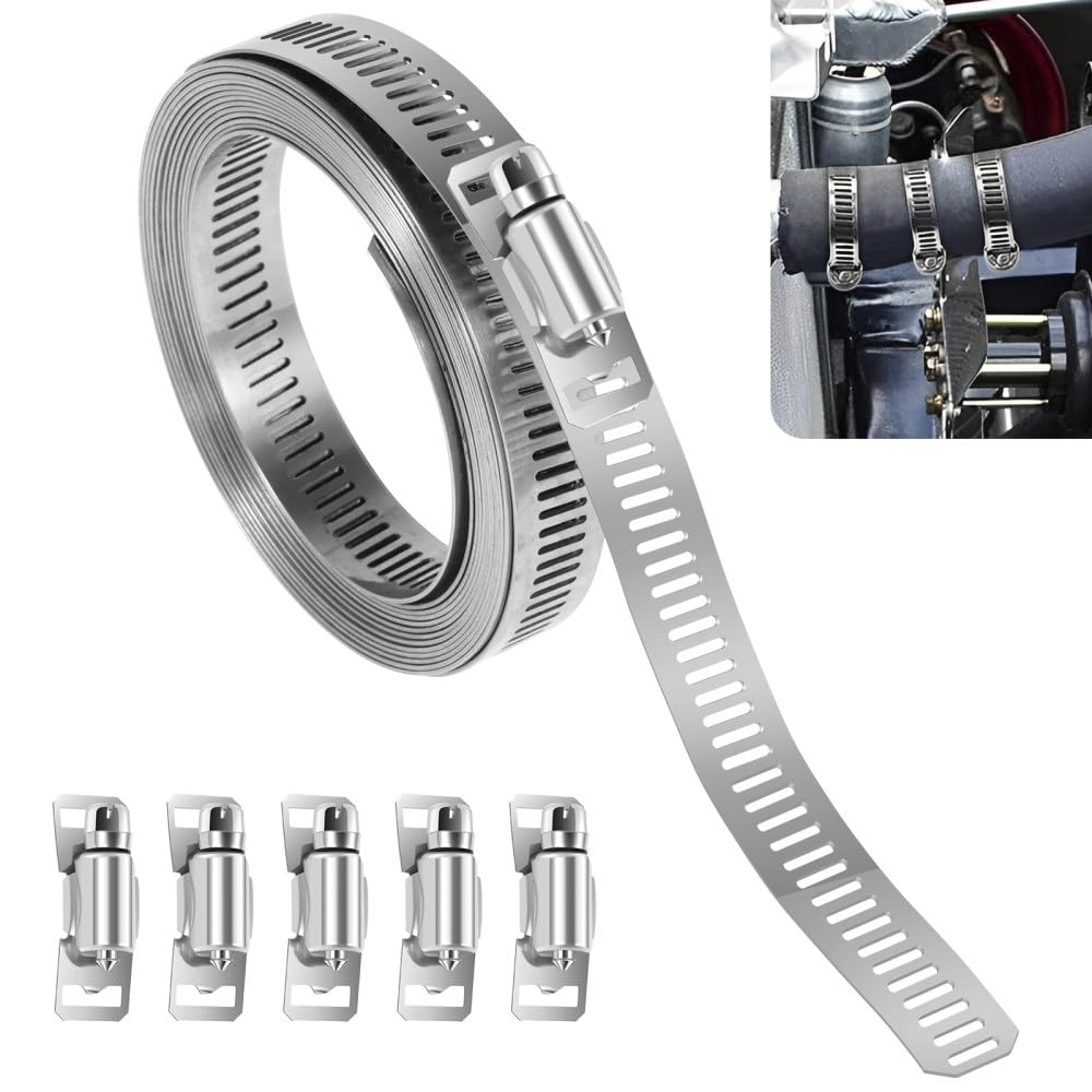 Schlauchschelle mit 6 Befestigungselementen, verstellbare Rohrschelle, Edelstahl-Sanitärschelle, robustes Schlauchschellen-Set, Schlauchbandschelle, 1, A