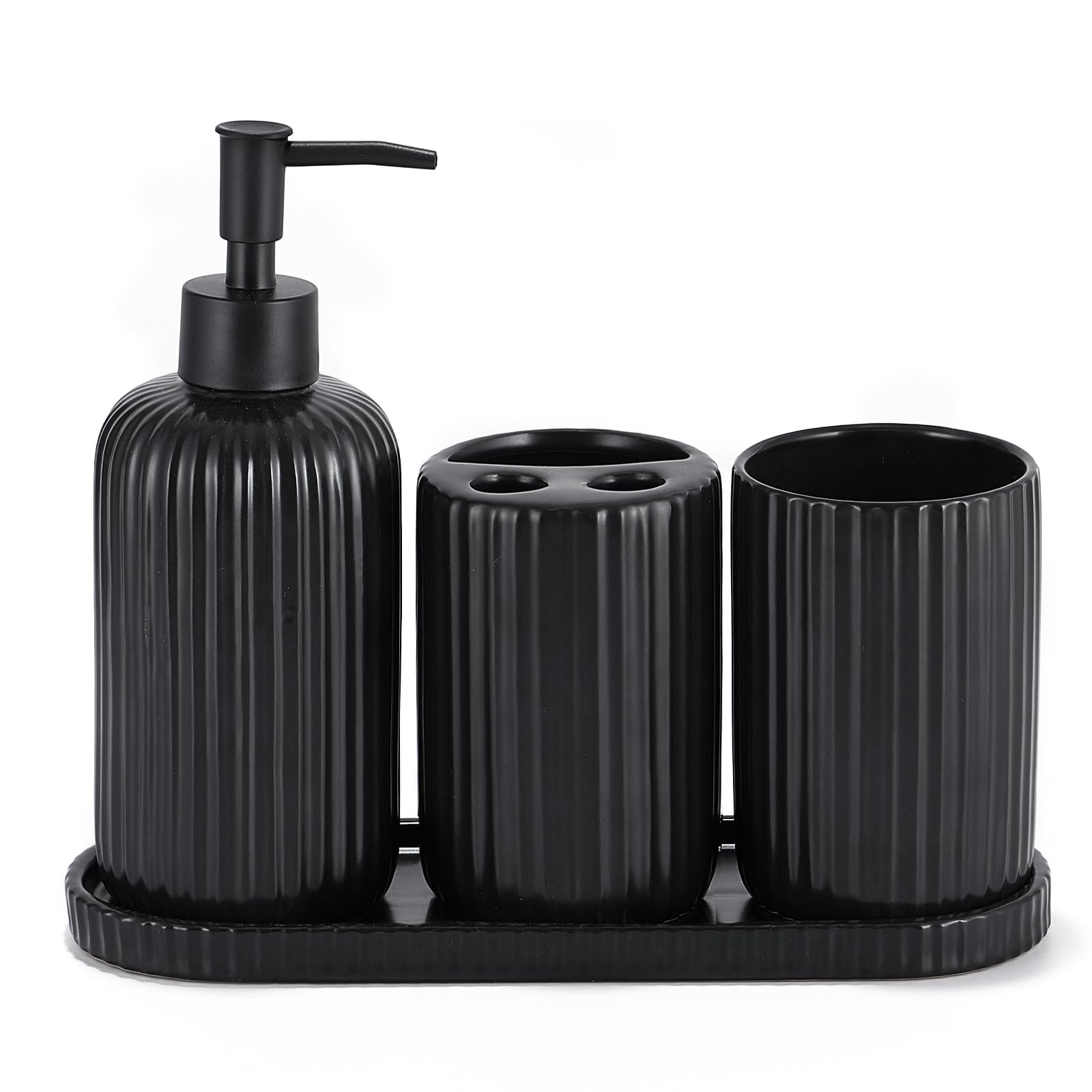 Schwarzes Badezimmer-Zubehör-Set, geripptes Design, 4-teiliges Keramik-Badezimmer-Set, komplette Zahnbürstenhalter, Seifenspender, Schminktisch, Zahnbürstenbecher, stilvolle schwarze