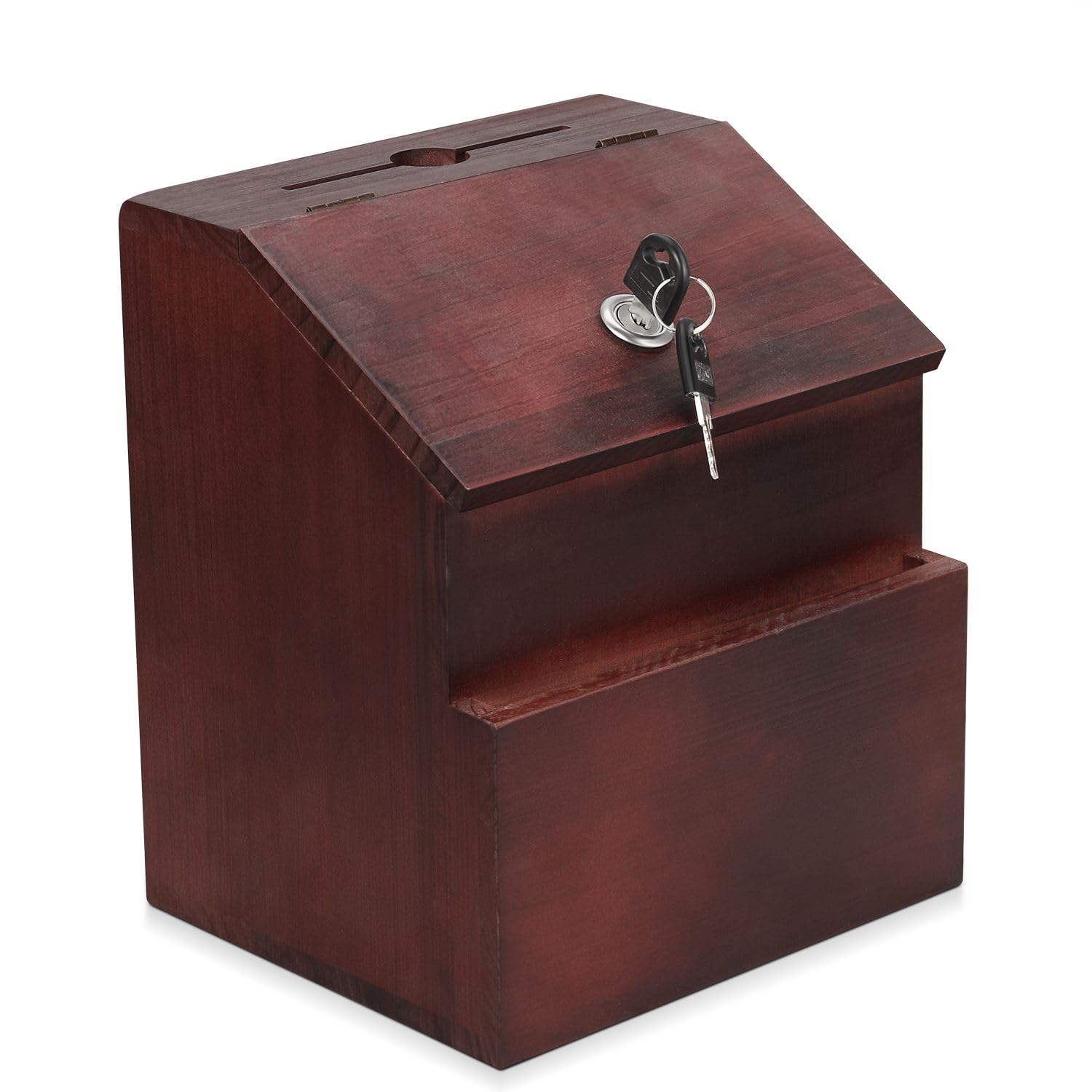 Photo 1 of ***MISSING KEYS *** Flexzion Wooden Lockable Suggestion Box - Red Mahogany Finish, Wall Mounted or Free Standing Ballot Box with Key Lock Lid for Prayer, Donation, Comment, Cash, Tip – Includes Hardware & 2 Keys