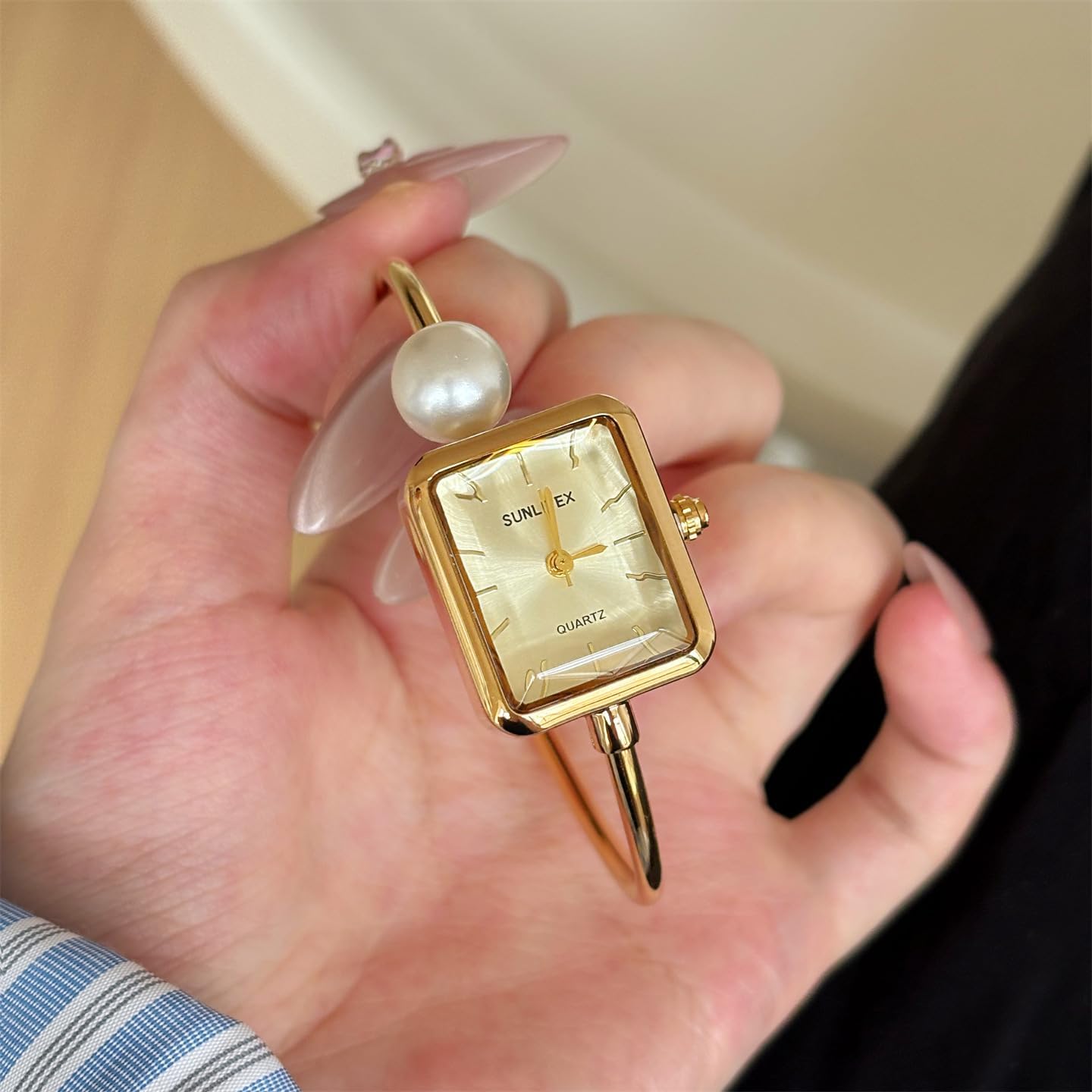 Gosasa Pearl Bangle Watch for Women, Gold Bracelet Watch with Square Easy Read Dial, Dainty Elegant Cuff Watch for Women, Fashion Jewelry Watch Gift for Her（ 6.3"-7.9"）
