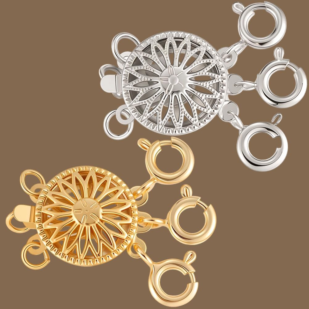 Beebeecraft 2Pcs 2 Colors Necklace Layering Clasp Extender Layered Bracelet Clasp Real Gold Platinum Plated Flat Round 3 Strands Brass Stacker Converter Chain Extender for Necklaces Jewelry Making