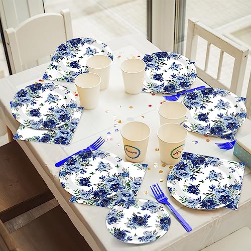 Wiooffen 96 Pcs Peony Party Supplies Set Blue Flower Paper Plates Peony Theme Party Plates Summer Holiday Wedding Baby Shower Birthday Plates And Napkins Navy Paper Plates Napkins Forks For 24 Guests #TOP6