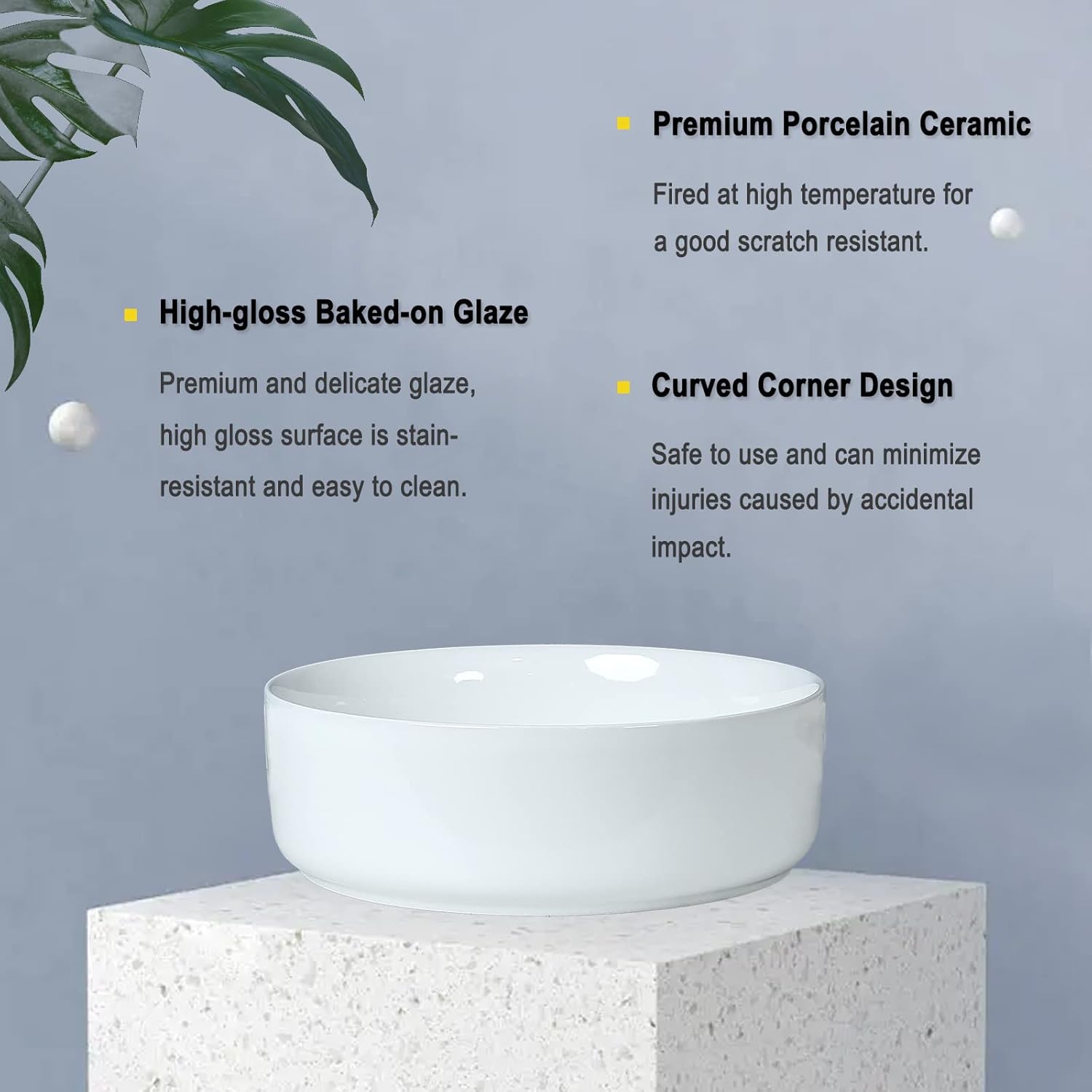 14'' Round White Ceramic Above-Counter Vessel Sink with Pop-Up Drain