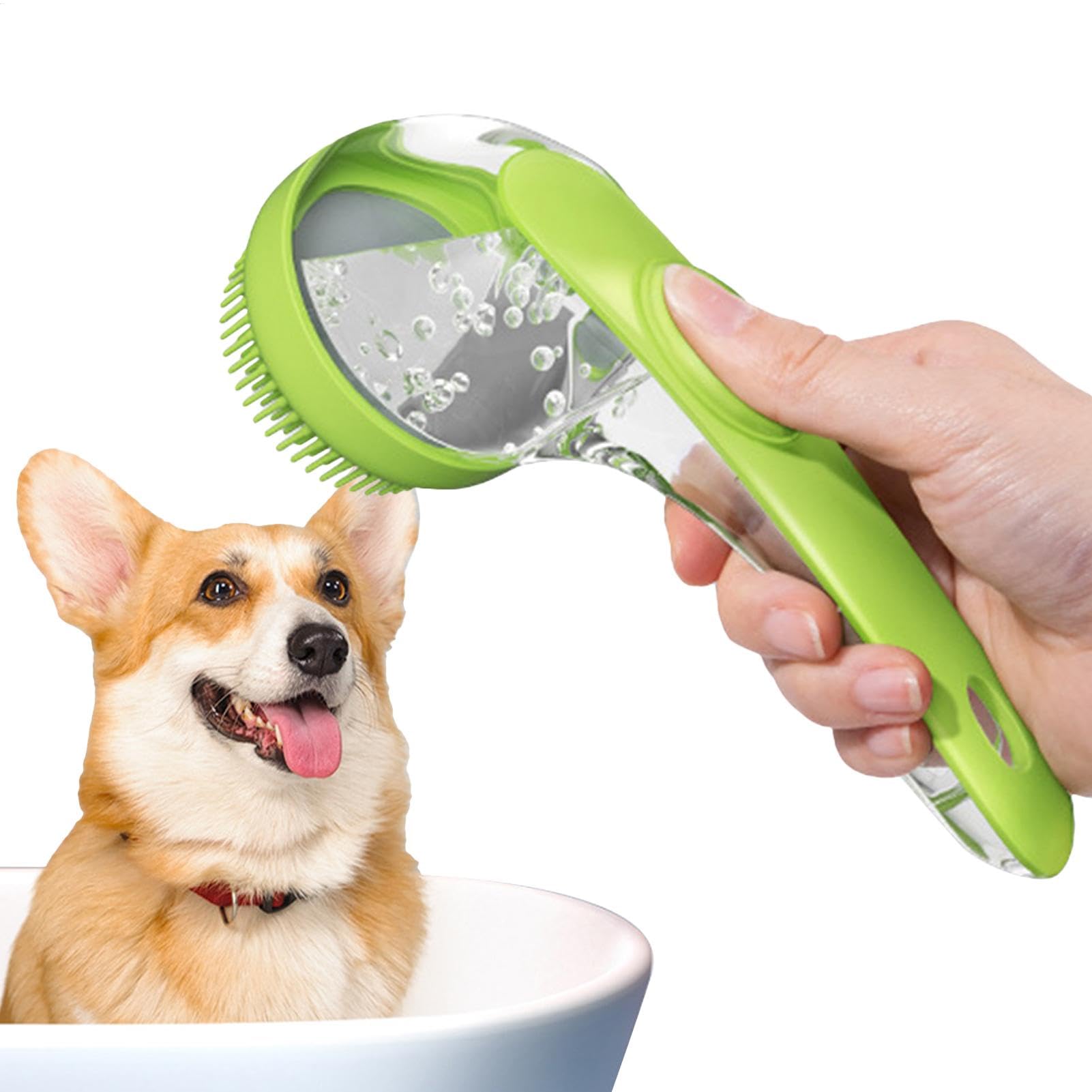 Dubbulon Pet Grooming Shampoo Brush - Comfortable Dog Bath Brush with Soap Dispenser, Long Handle, Silicone Dog Scrubber for Bath Massage, All Hair Types, Green, Unisex Adults Pet Owners