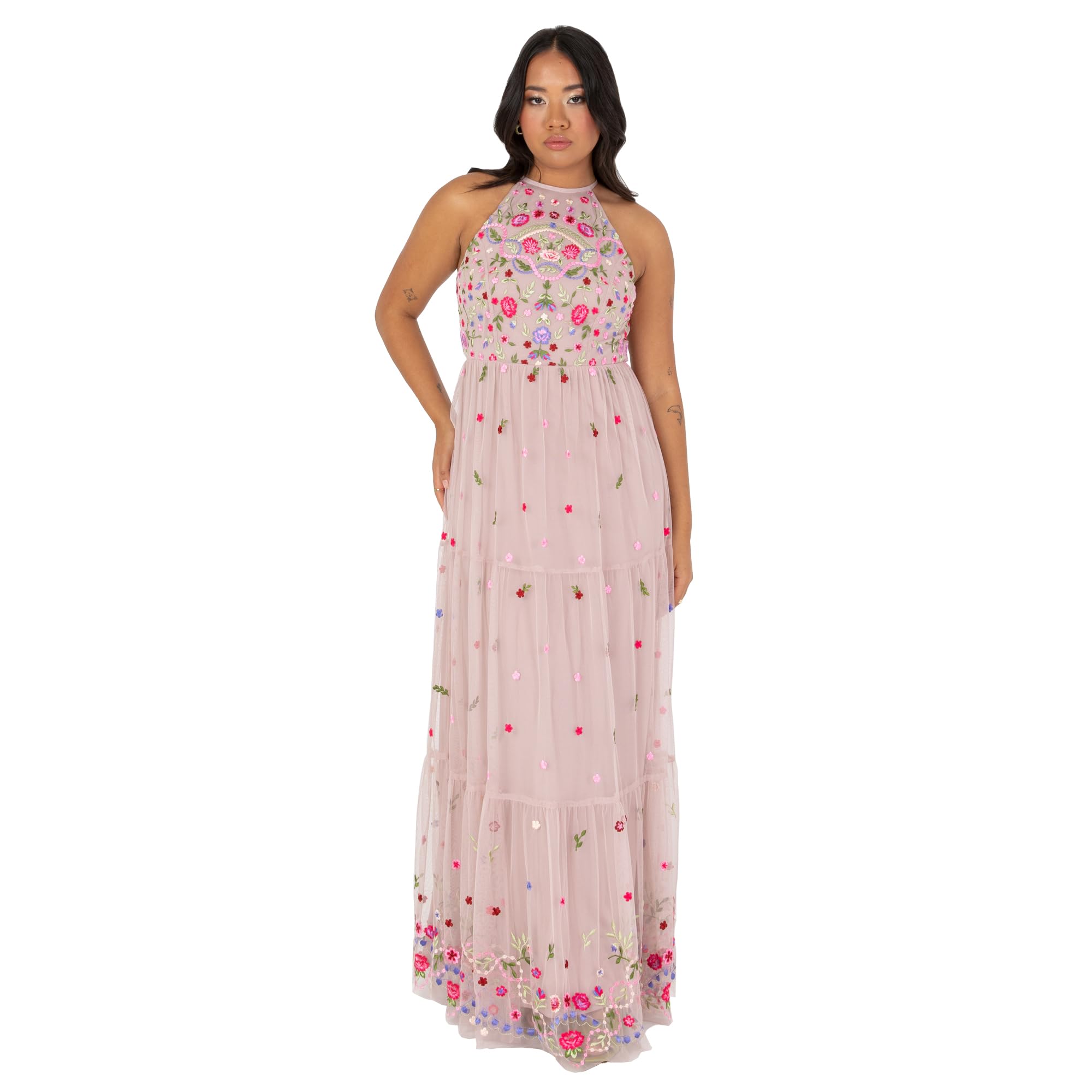 Women's Ladies Maxi Dress Sleeveless Halterneck Tiered Floral Embroidered A-line for Wedding Guest Evening Ball Gown