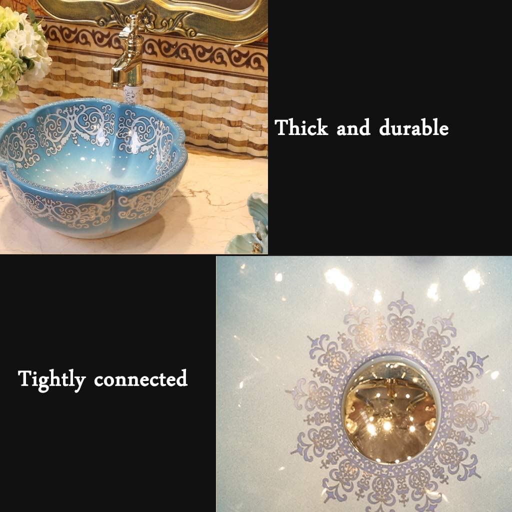 Meuble sous-Vasque avec lavabo, lavabo de Salle de Bain, lavabo à comptoir, lavabo à comptoir Bleu, lavabo en céramique géométrique, Maison, Balcon, Jardin, évier en Forme de Fleur