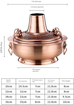 Copper hot Pot, Charcoal Hotpot Chinese Style Cooker Stainless Steel Hot Pot Hot Pot for Home Hot Pot Chinese Hot Pot,Copper-34cm(30cm)