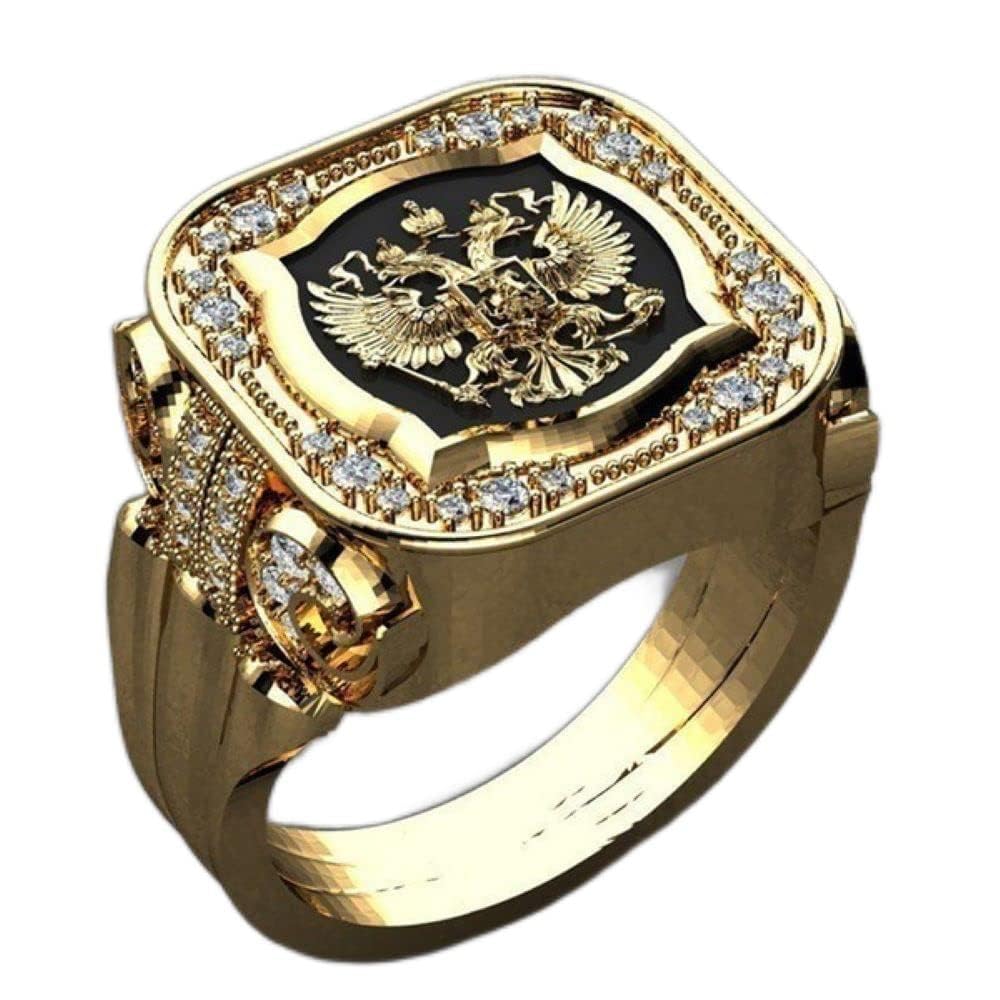 LMCIEZRMen's 14K Gold Eagle Band Ring Cubic Zirconia Eagle Ring Vintage Signet Ring 14K Gold Personalized Engraved Badge Family Crests Coat of Arms Rings Jewelry Eagle Ring for Men