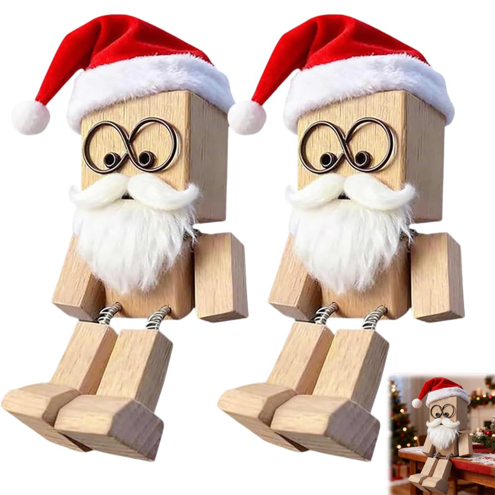 TASBER Shaking Wooden Man Figurine, Wooden Man with Wobbly Legs Car Accessories for Men, Santa Design Feet Shaking, Car Dashboard Accessories, for Friends Familys (Christmas Edition,2pack)