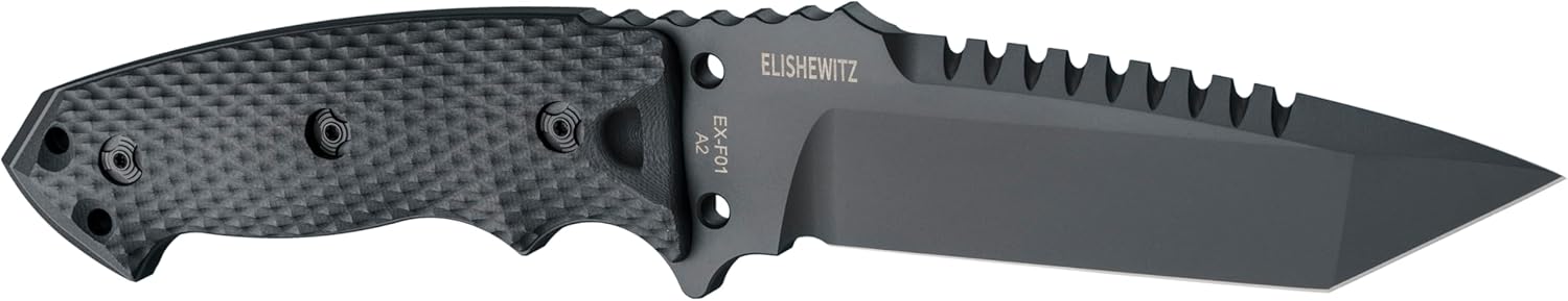 Hogue EX-F01 5.5” A2 Tanto Blade w/Broad Rear Saw Teeth Black Cerakote Finish, G10 Frame Fixed Knife, Solid Black - 35129