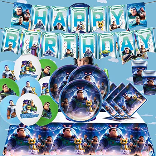 Buzz Light Year Lot de 70 ustensiles de fête en papier Bleu clair Year avec nappe et assiettes, gobelets, serviettes pour anniversaire (10 invités) Cover