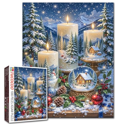 Snowy Candles Winterhütte, 1000-teiliges Puzzle für Erwachsene, Studenten, gemütliches Weihnachtspuzzle, Kunst, Urlaub, Wald, Nacht… – Ansicht 1