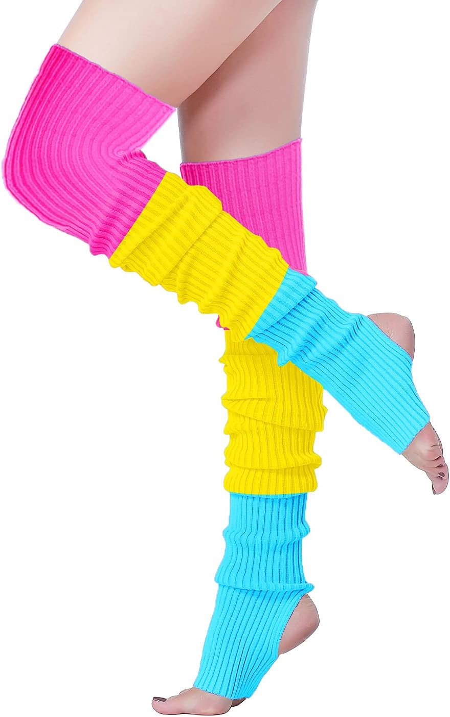 v28 Women Girls Thigh High Neon Ribbed Long 80s 90s Party Skating Leg Warmers