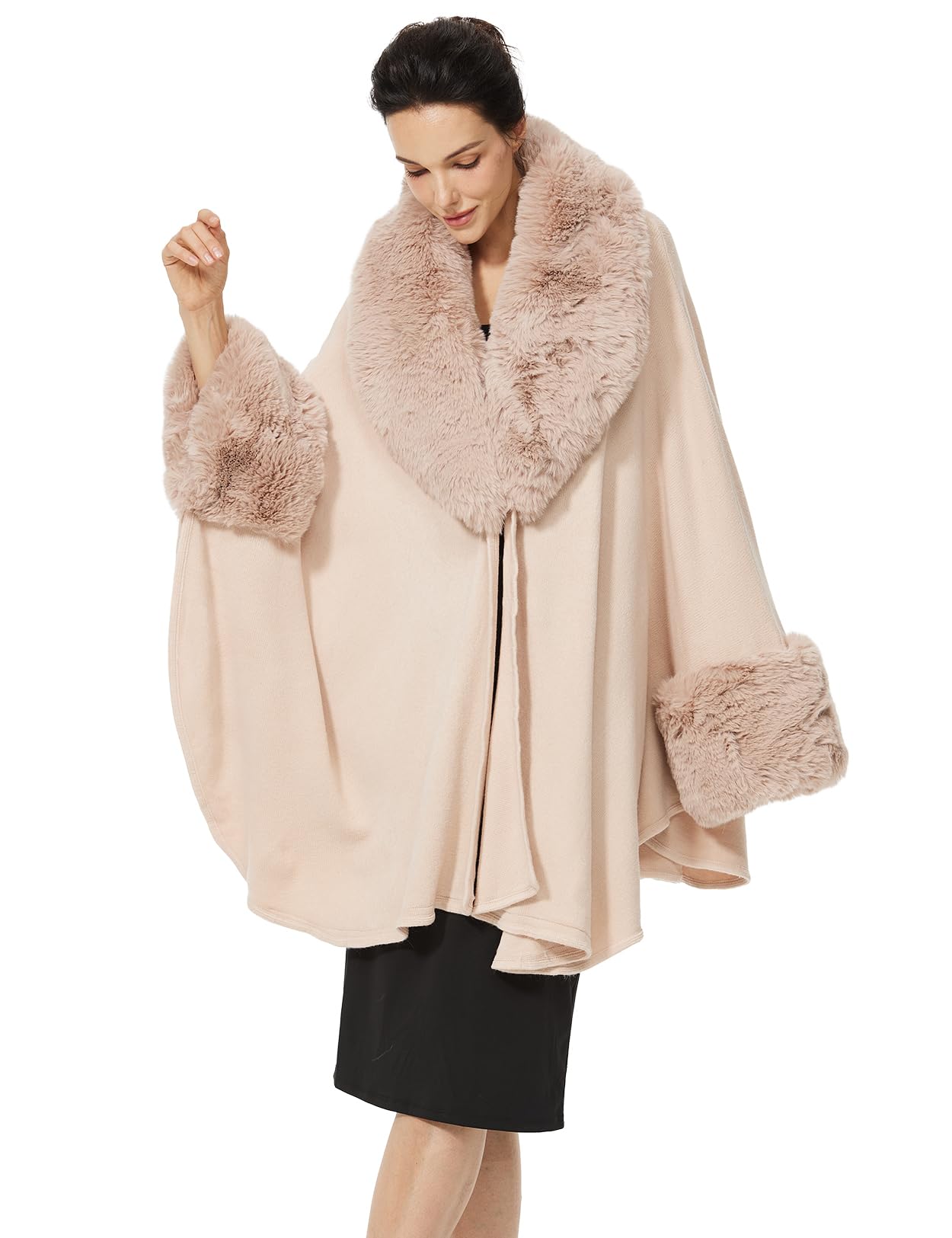 Women Cape Poncho with Fur Trim Winter Faux Fur Shawl Wrap Coat Sleeveless Cardigan Cloak-image-35
