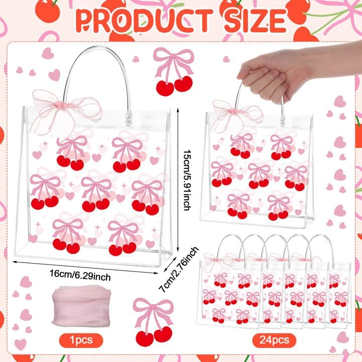 24 Cherry Party Favor Bags Clear PVC Cherry Ribbon Gift Bags with Handles image 5