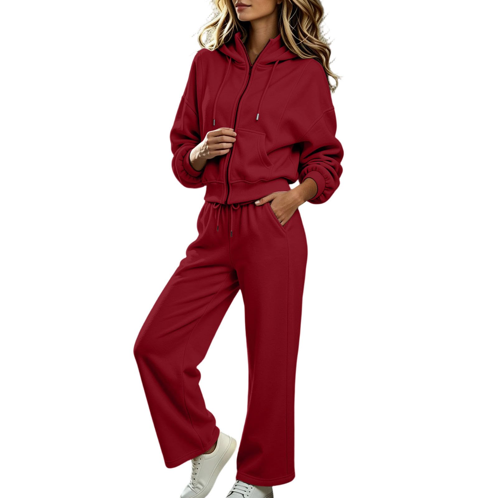 Tuta da donna, set completo casual con cappuccio e jogger, 2 pezzi, con cerniera, felpa con cappuccio a vita alta, pantaloni della tuta per palestra, allenamento, loungewear con tasche