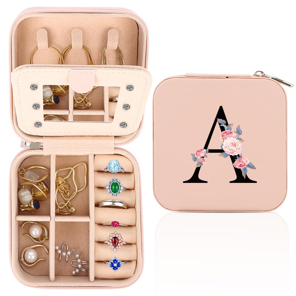 WALLFID Travel Jewellery Box,Alphabet Jewellery Organiser,Portable Jewellery Box,Small Travel Jewellery Storage Case with Mirror,Birthday Gift for Women,Mothers Birthday Valentines Day Gift Ideal (A)
