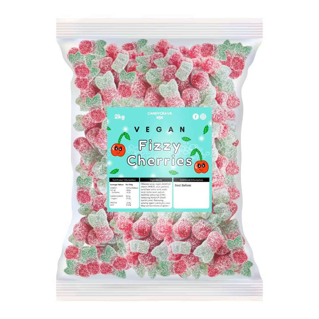 Candycrave Vegan Fizzy Cherries – 2 kg Bulk Bag | Cherry Flavour | Fizzy Coating | Vegan Sweets