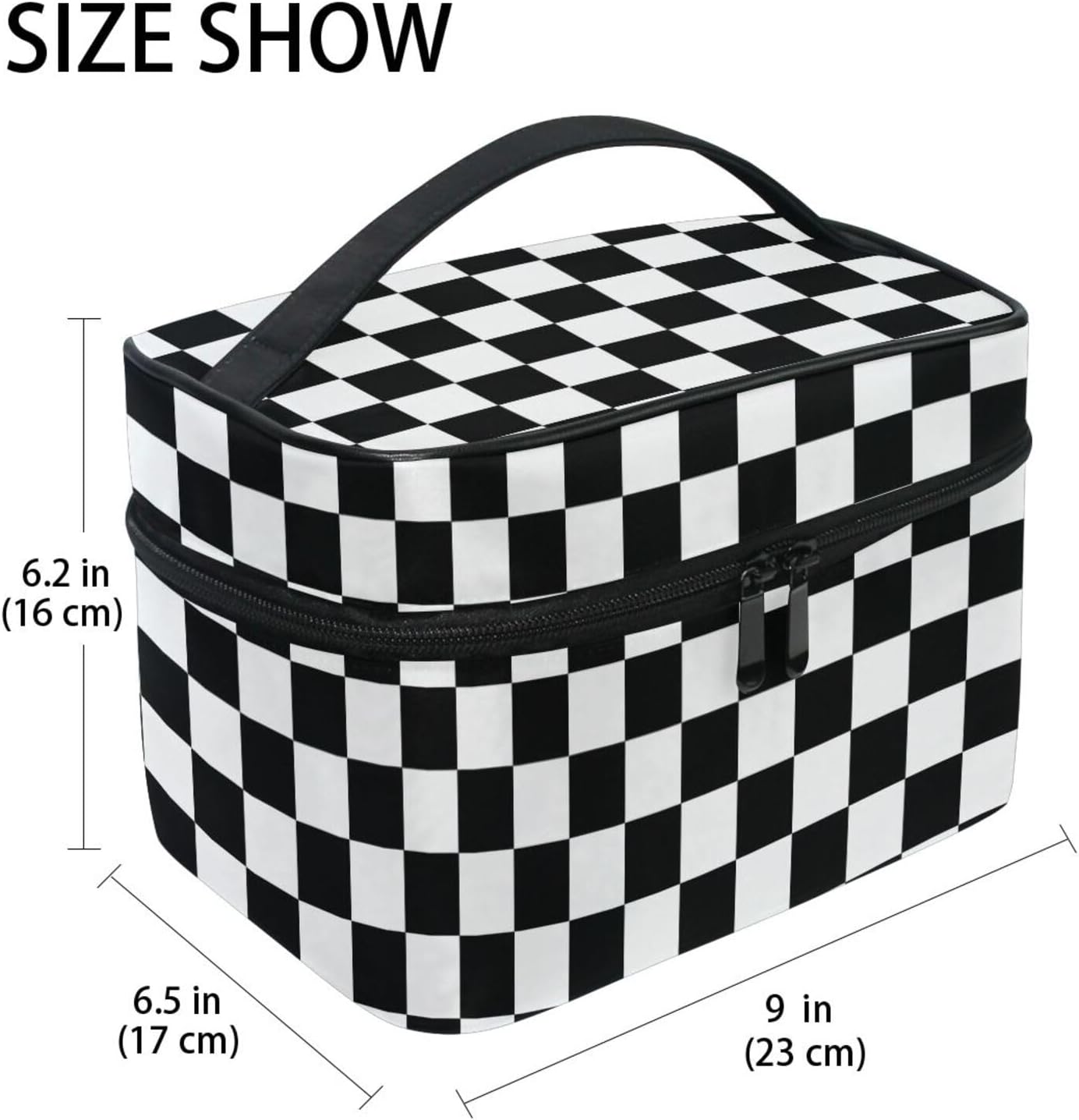 Makeup Train Case White Black Checkered Plaid Carrying Portable Zip Travel Cosmetic Brush Bag Organizer Large for Women