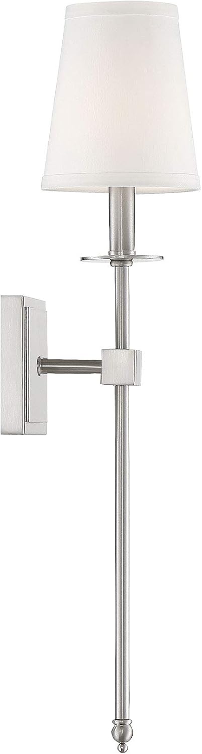 Savoy House 9-303-1-SN Monroe Bohemian Vintage Soft White Fabric Wall Sconce, 1-Light 60 Watt, 24" H x 5" W, Satin Nickel