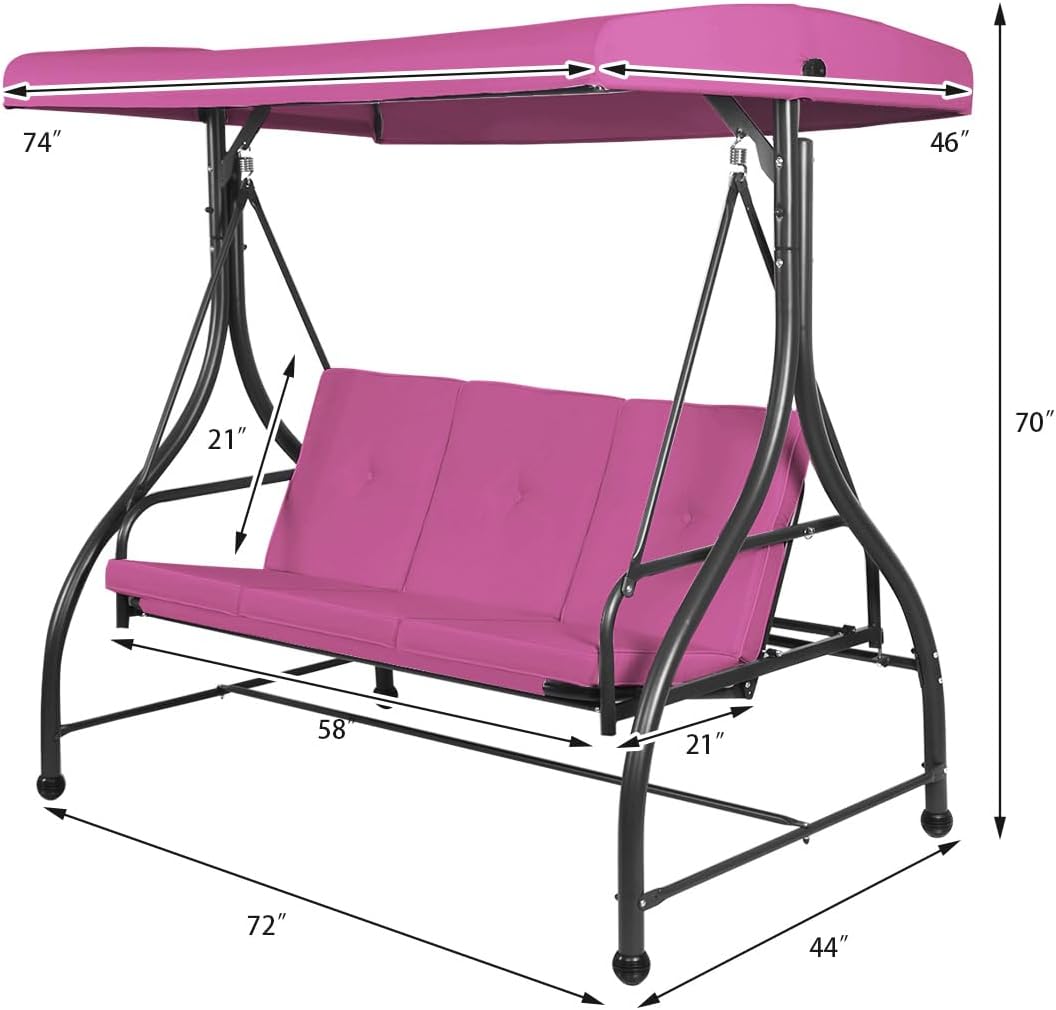 Tangkula 3 Seats Converting Patio Swing, Outdoor Porch Garden Canopy Swing with Comfortable Cushion Seats & Adjustable Tilt Canopy, Heavy Duty Hammock 3 Persons Porch Swing (Rose Red)