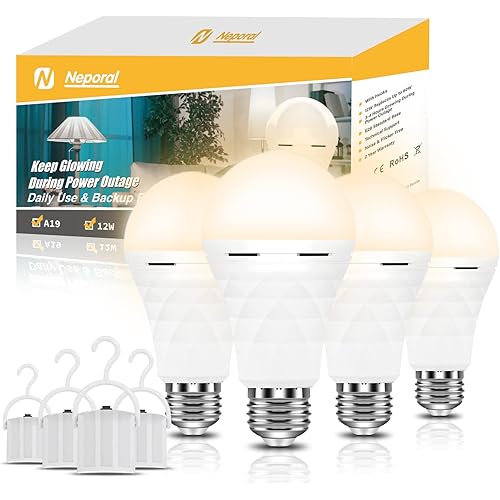 Neporal A19 Rechargeable Light Bulbs, Socket Rechargeable Emergency Light Bulb for Power Failure, Battery Backup Bulbs for Home, Hurricane, Led Bulb 60 Watt Equiv. (Soft White, 4 Count (Pack of 1))