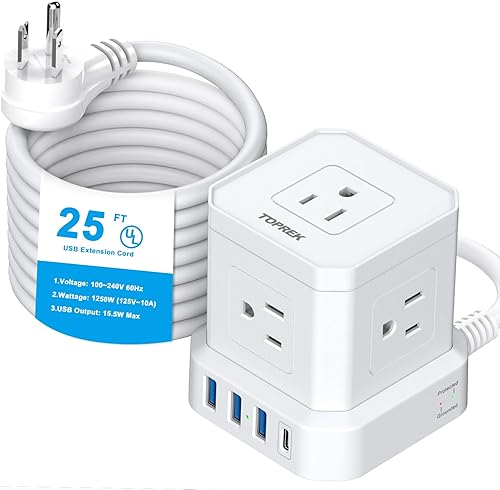 Cable de extensión de 25 pies, con 5 salidas de CA, 4 USB, regleta de alimentación USB C (15.5 W3.0 A) con protector de sobretensiones, cable de