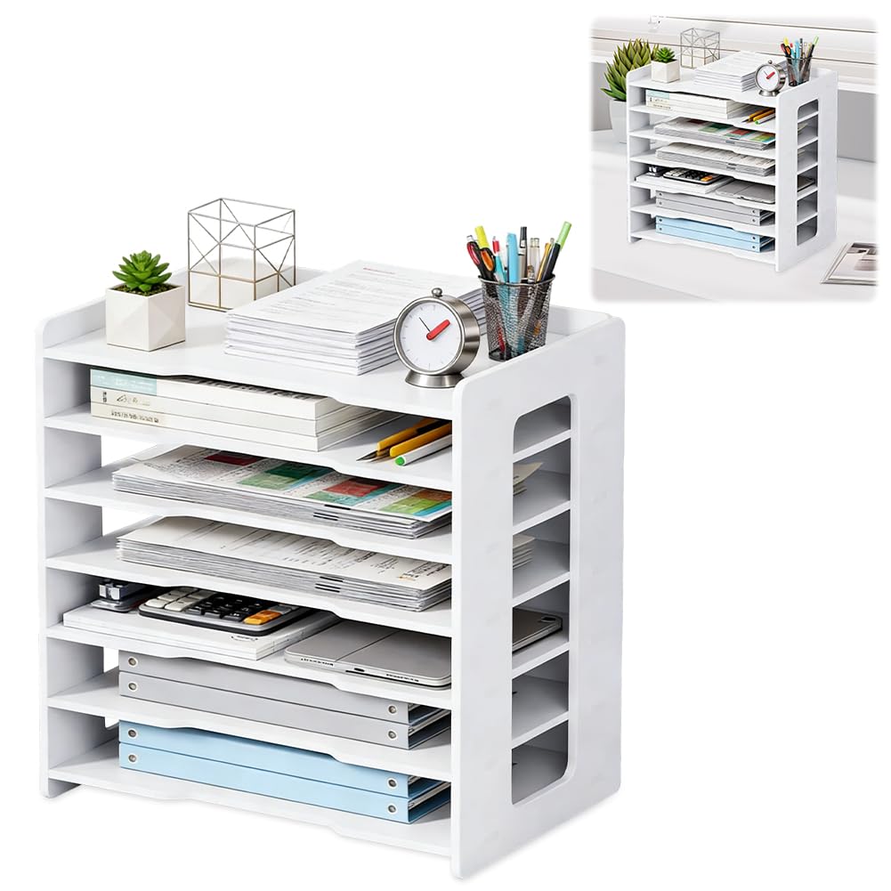 Organizer da scrivania formato A4, vassoio per lettere, porta documenti, formato A4, organizer per documenti, organizer per casa, ufficio, scuola (bianco, 7 ripiani)