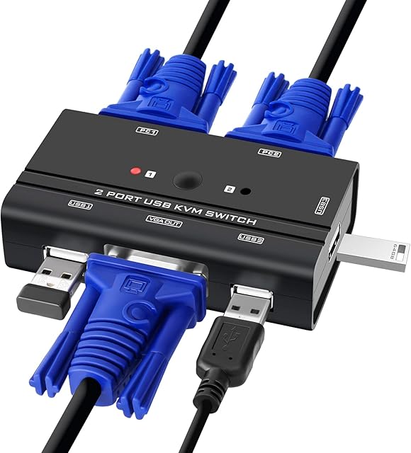 TCNEWCL USB VGA KVM Switch with Cables, 2 Port Selector Switcher for 2PC Sharing 1 Video Monitor and 3 USB Devices, Keyboard, Mouse, Scanner, Printer