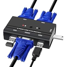 USB VGA KVM Switch with 2 Cables, 2 Ports Selector Switcher for 2PC Sharing One Video Monitor and 3 USB Devices, Keyboard, Mouse, Scanner, Printer
