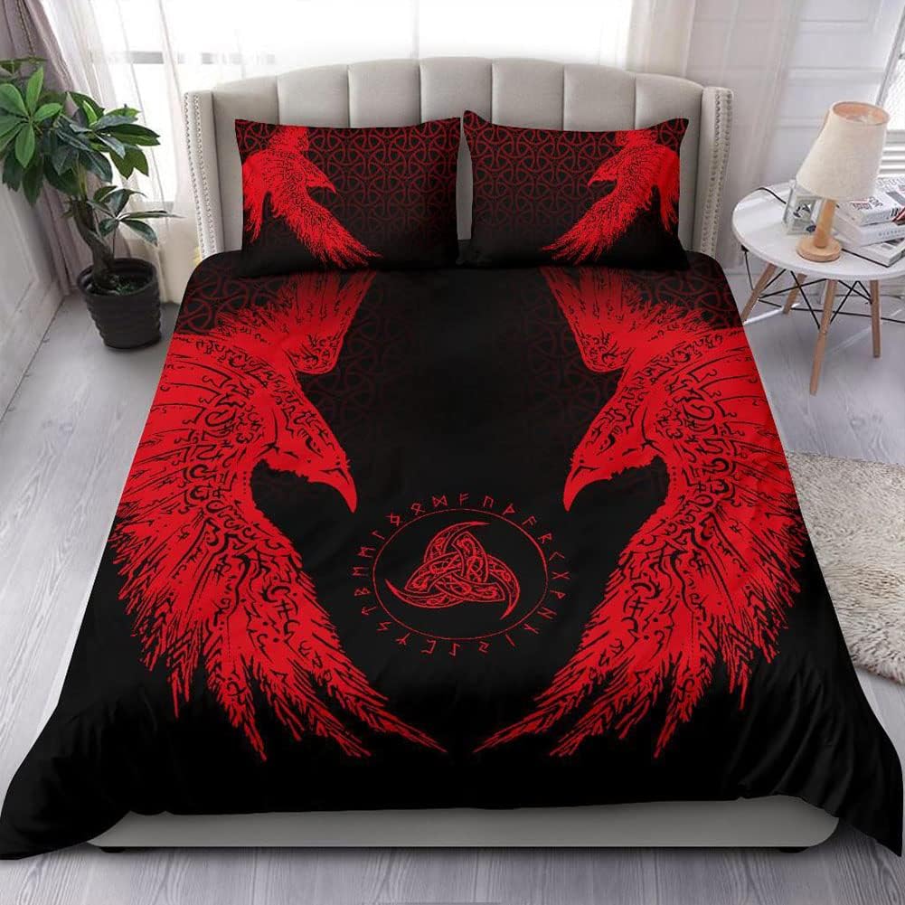 Odin's Raven Duvet Cover Sets Bedding Set Single Size - 135x200cm Viking Mythology Odin Raven Super Soft Anti Allergic Duvet Set, Easy Care and Breathable Microfiber Covers With 2 Pillowcase