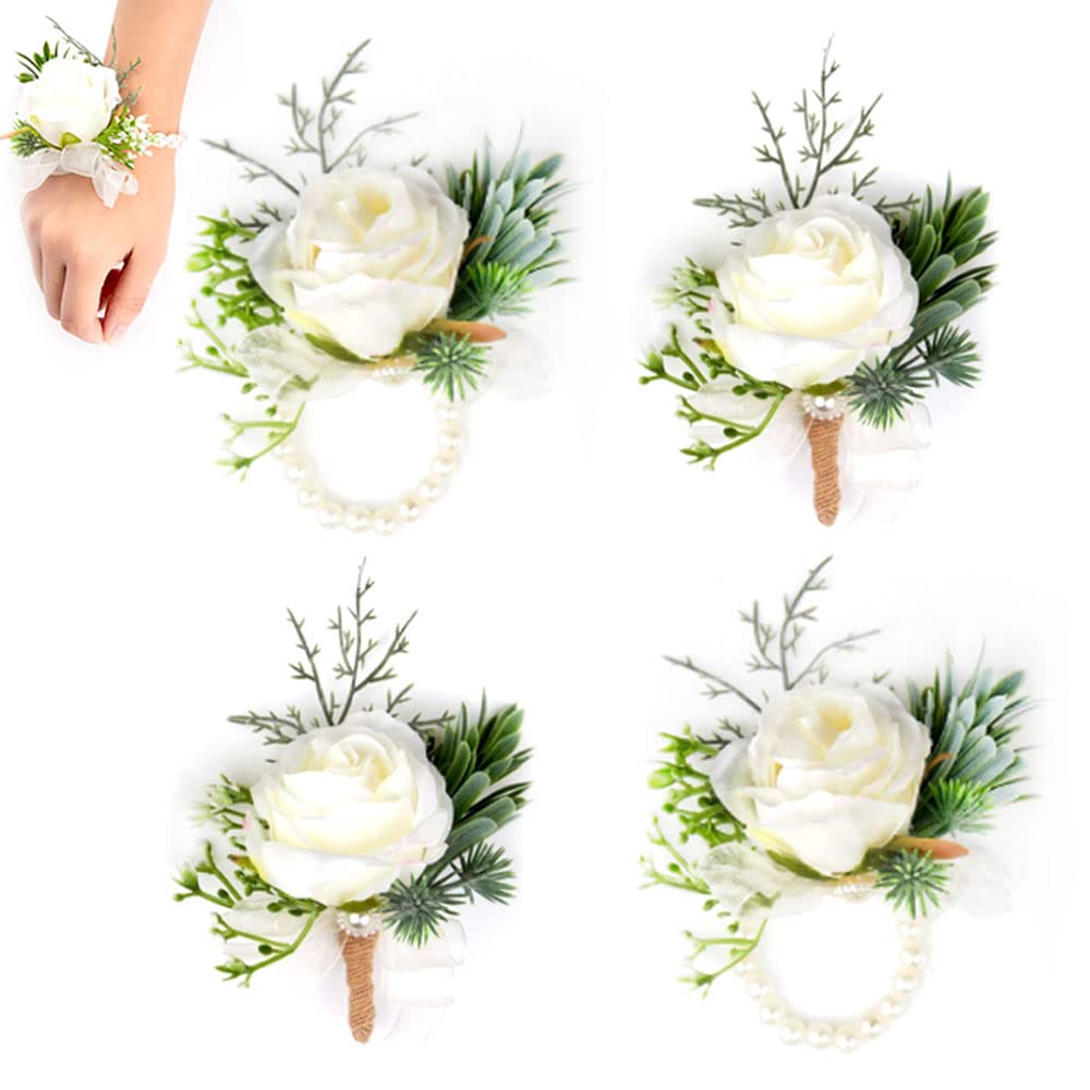 Dtoterul Boda Boutonniere 4 Piezas Novio Ramillete de Rosa Broches Ramillete de Muñeca Rose Boutonniere Boda Boutonniere y Flor De Muñeca Boda Dama de Honor Boda Muñeca Flor para Trajes y Vestidos