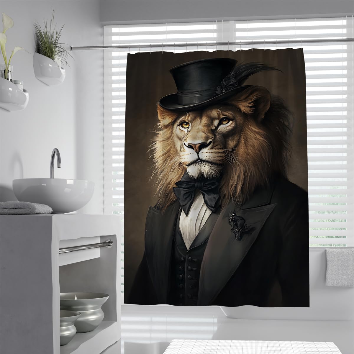 UIRINGART Vintage Lion Shower Stall Liners W120xL180cm Waterproof Anti Mould Cool Wild Animal Bowtie Suit Fabric Bathroom Screen Rustproof Grommets Tub Curtains