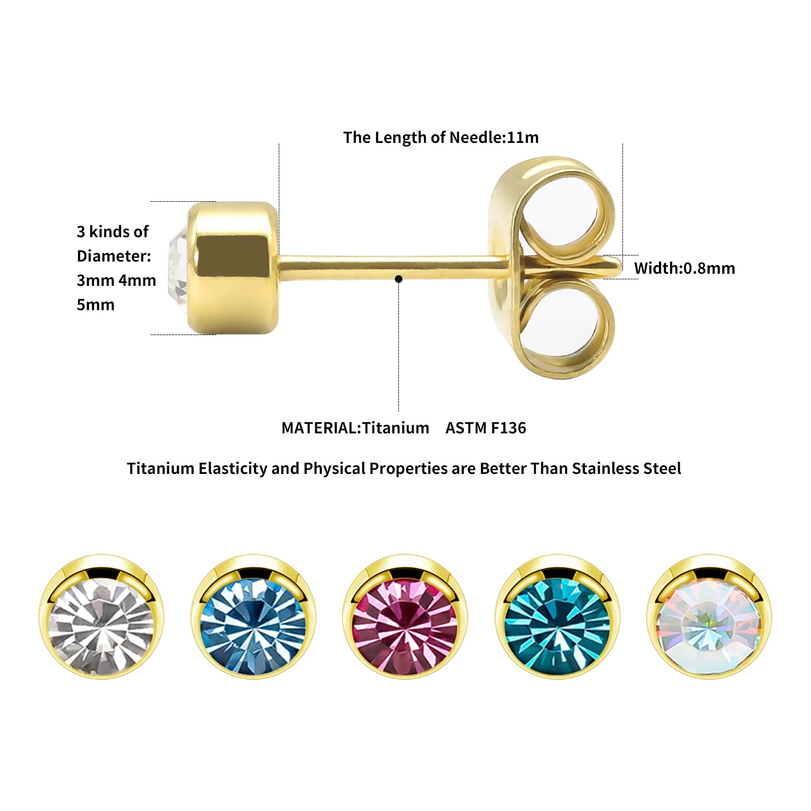 3 paires de boucles d'oreilles pour femmes Boucles d'oreilles en titane pour filles hypoallergénique cristal 4 mm Boucles d'oreilles en or rose clous d'oreilles