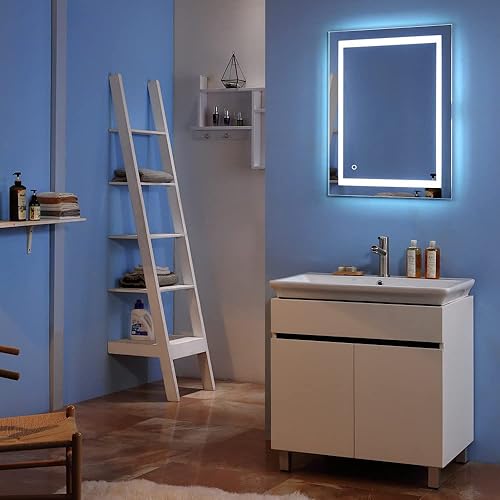 BEGGI Espejo de tocador de baño LED de 28 x 20 pulgadas luces cuadradas integradas con espejo de baño LED táctil horizontal y vertical plateado