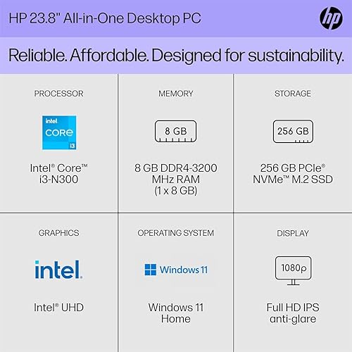 Miniatura 3 de HP PC de sobremesa todo en uno de 23.8 pulgadas, pantalla FHD, Intel Core i3-N300, 8 GB de RAM, SSD de 256 GB, gráficos Intel UHD, Windows 11 Home,
