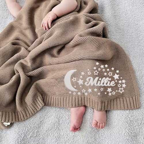 Image of Luxury Personalized Name Baby Blanket, Embroidered Name Baby Blanket, Cute Soft Breathable Cotton Knit Baby Blanket, Newborn Baby Gift, New Mom Gifts, Newborn Baby Girl & Boy Gift