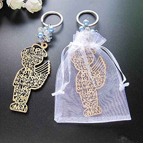 12Pcs Baptism Blue Boy Wood Design Keychain Baptism Favors with Angel for Boy Recuerdos de Bautizo Christening with Organza Gift Bags Mis 3 Anos