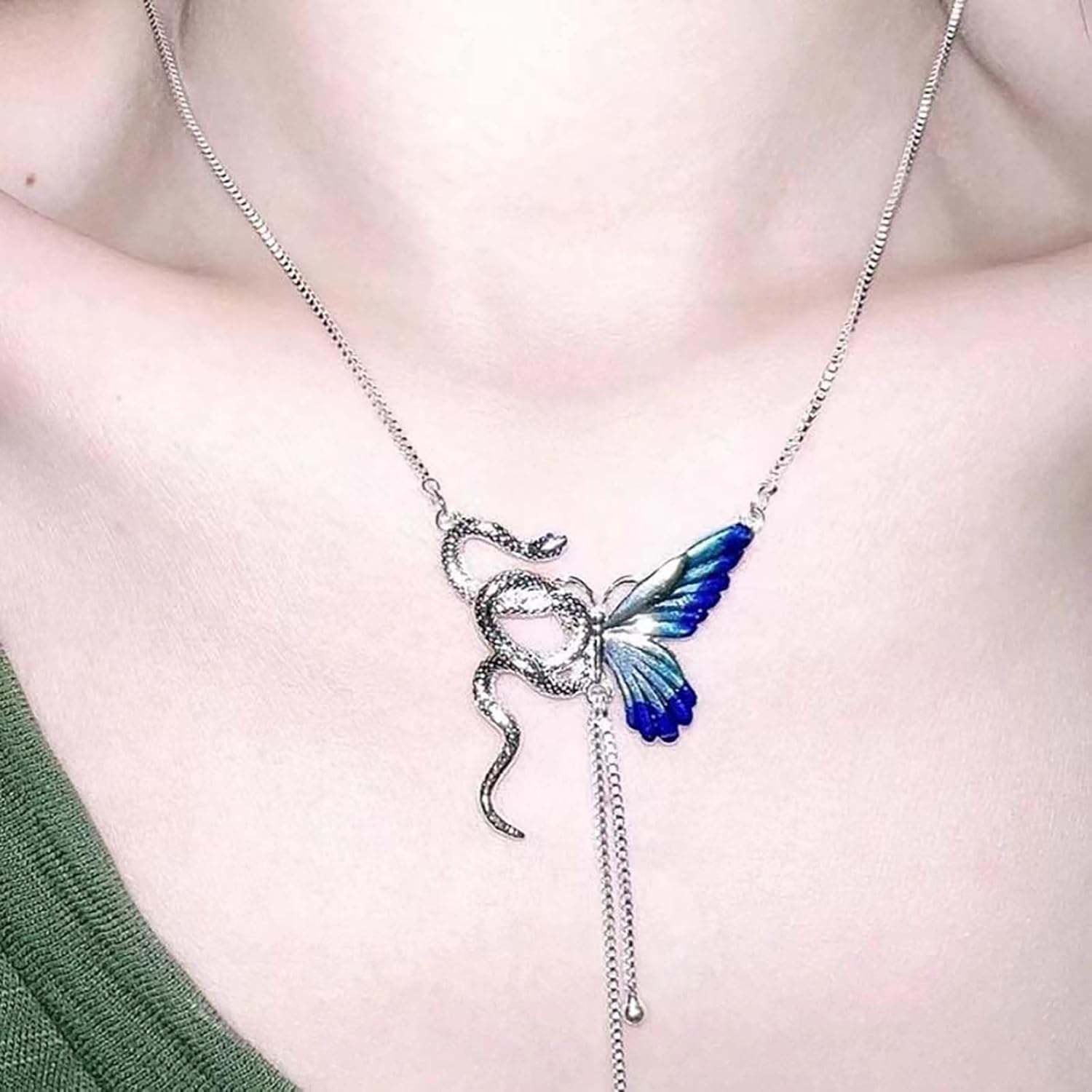 Boho Snake Butterfly Necklace Silver Butterfly Y Lariat Necklace Vintage Serpent Snake Pendant Necklace Adjustable Punk Ball Y Drop Necklace Jewelry for Women - Image 2