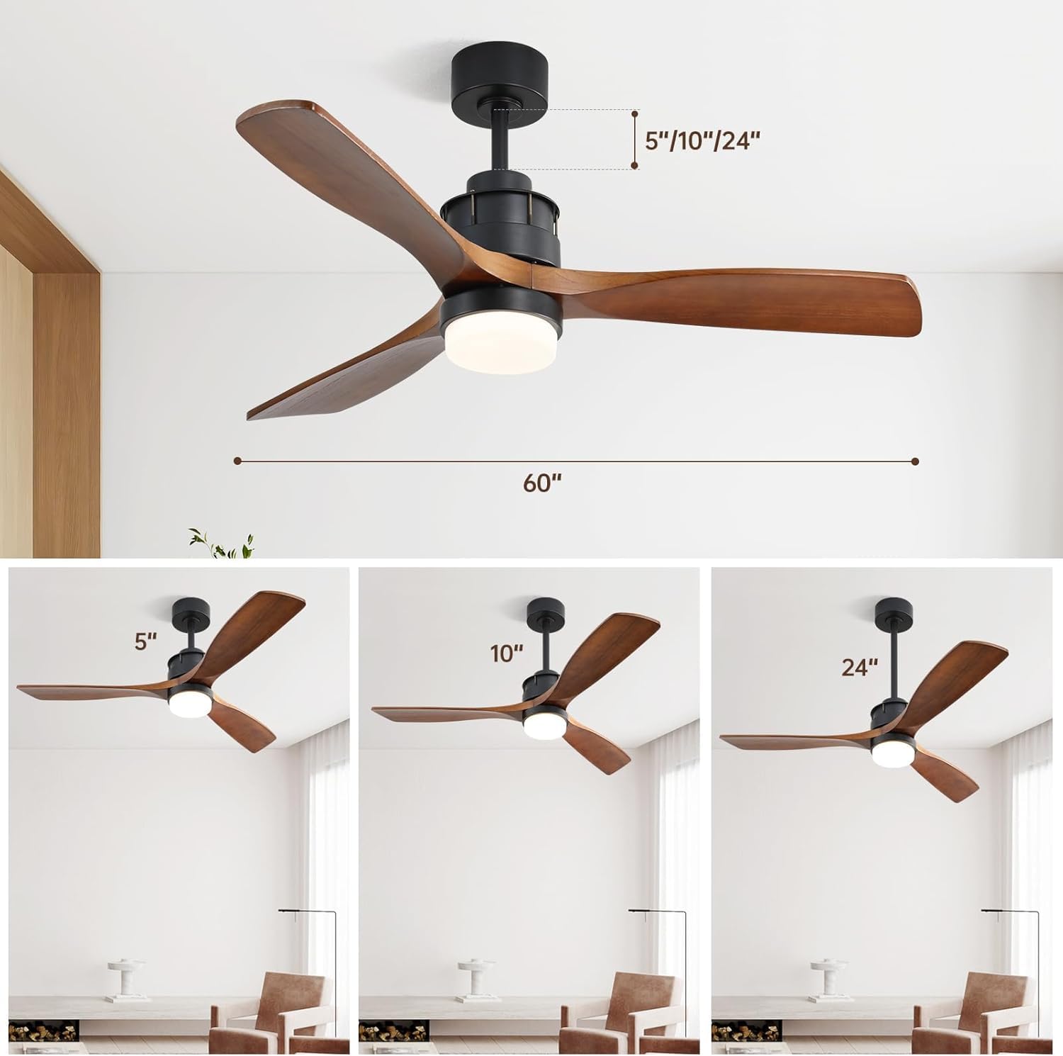 60 inch 3 Solid Wood Blade DC Motor Ceiling Fan Decorate for the Living Room with Light, Rustic Style, 6 Speeds