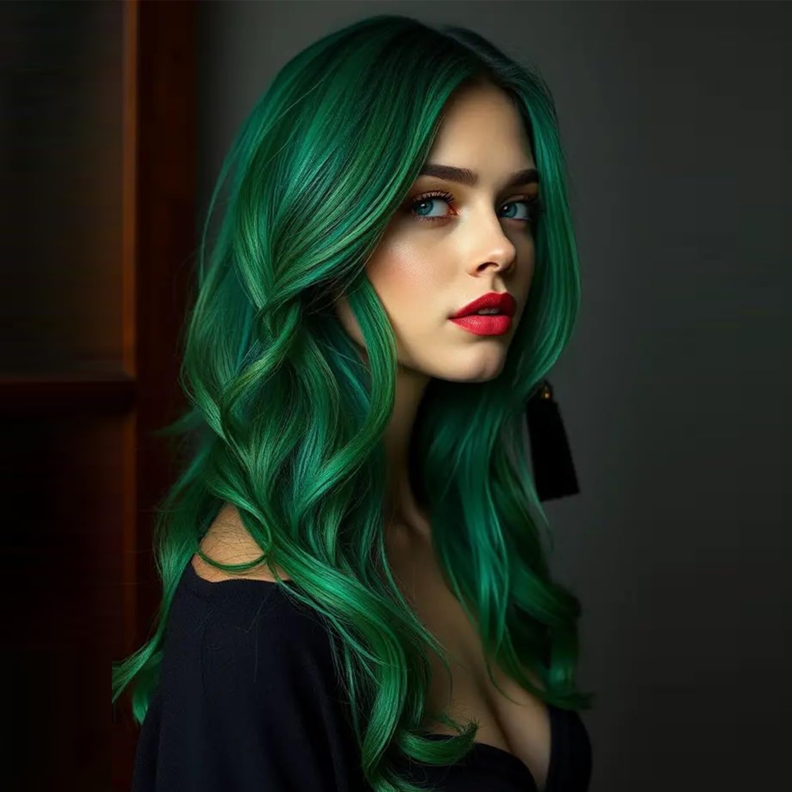 Jolelyne Dark Green Wavy Layered Wigs with Curtain Bangs for Women Long Green Body Wave Layered Wavy with Bangs Synthetic Heat Resistant Fiber Wigs