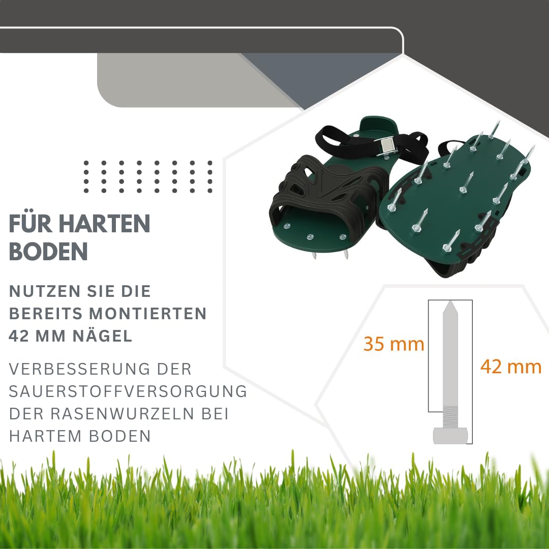 Pangolino Profi Nagelschuhe fertig montiert - Nagelsohle für Rasenlüfter & Estrich mit TPE-Riemenfixierung | Vormontiert inkl. 42mm & 60mm Nägeln (Gr. 37-48)