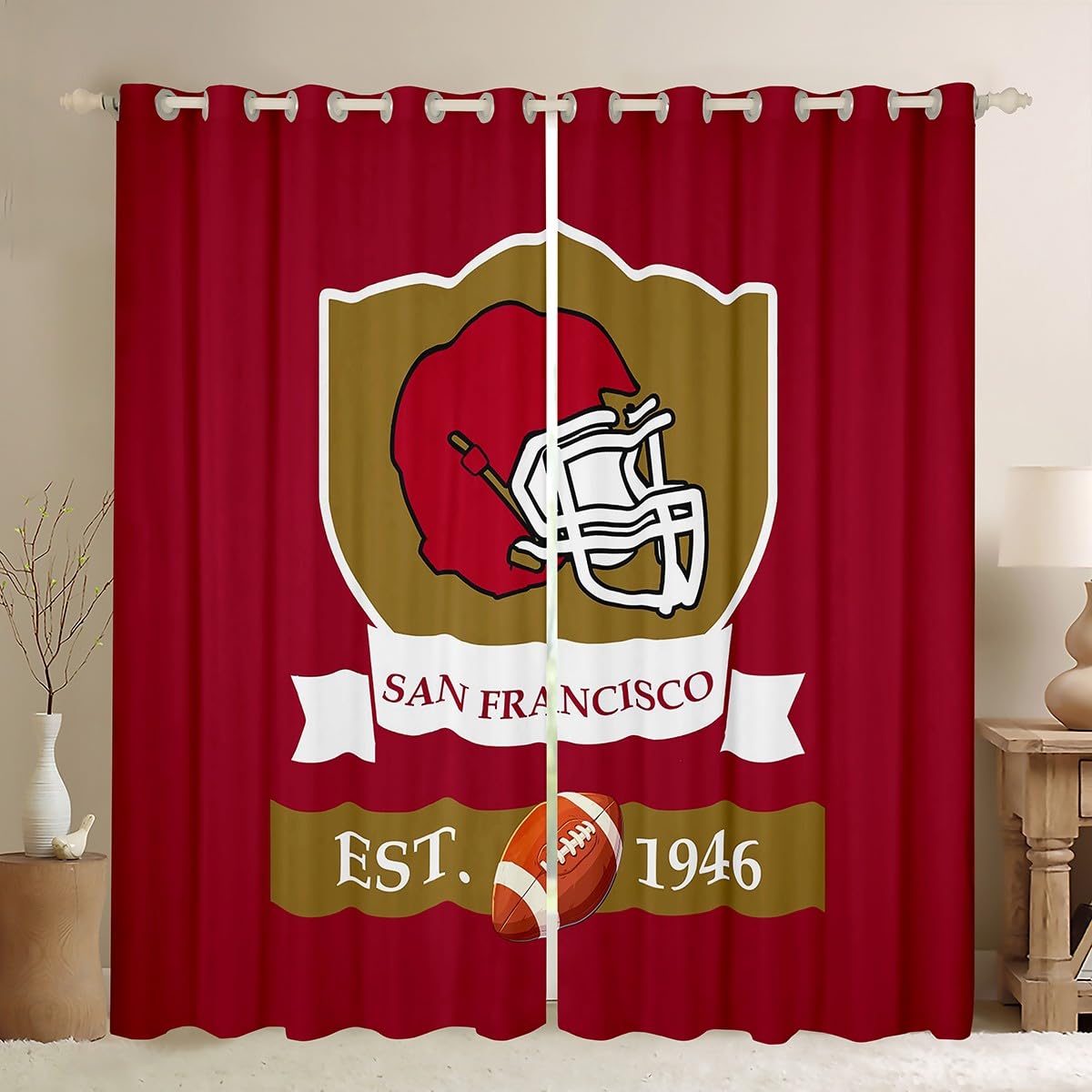 Feelyou Kids Adult San Francisco Window Curtains for Bedroom Living Room American Football Curtains Rugby Sports Window Drapes Red 30%-50% Blackout Curtains, 38W X 45L,2 Panels