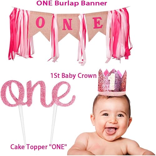Miniatura 5 de Kit de decoración de primer cumpleaños para niña y guirnalda de globos rosa y dorado para decoración de pancarta de silla alta, corona rosa,