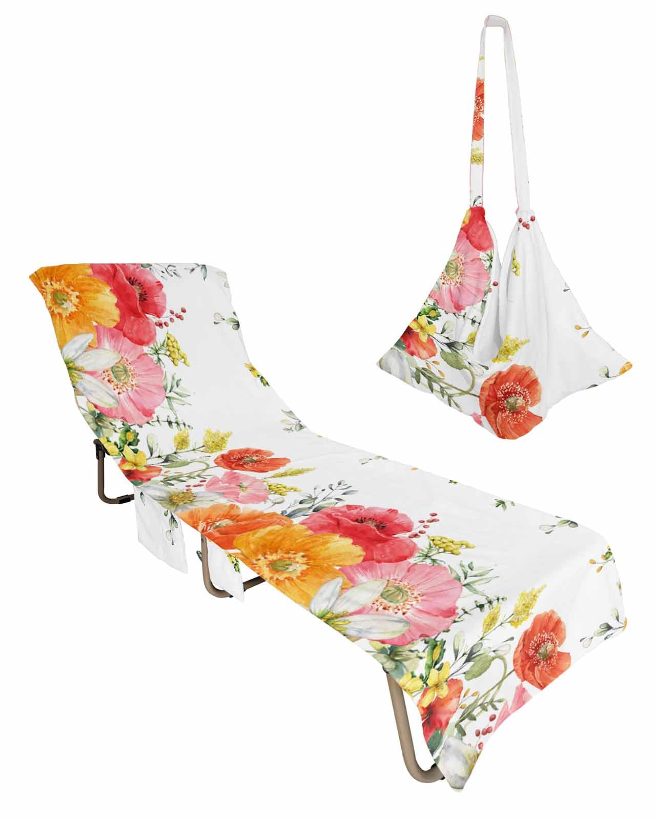 Eucalyptus Tulip Beach Chair Towel Covers for Chaise Lounge With Side Pocket, Soft Plush Pool Towels Cover for Patio Sunbathing Outdoor 29''x85'' Watercolor Flower Simple White