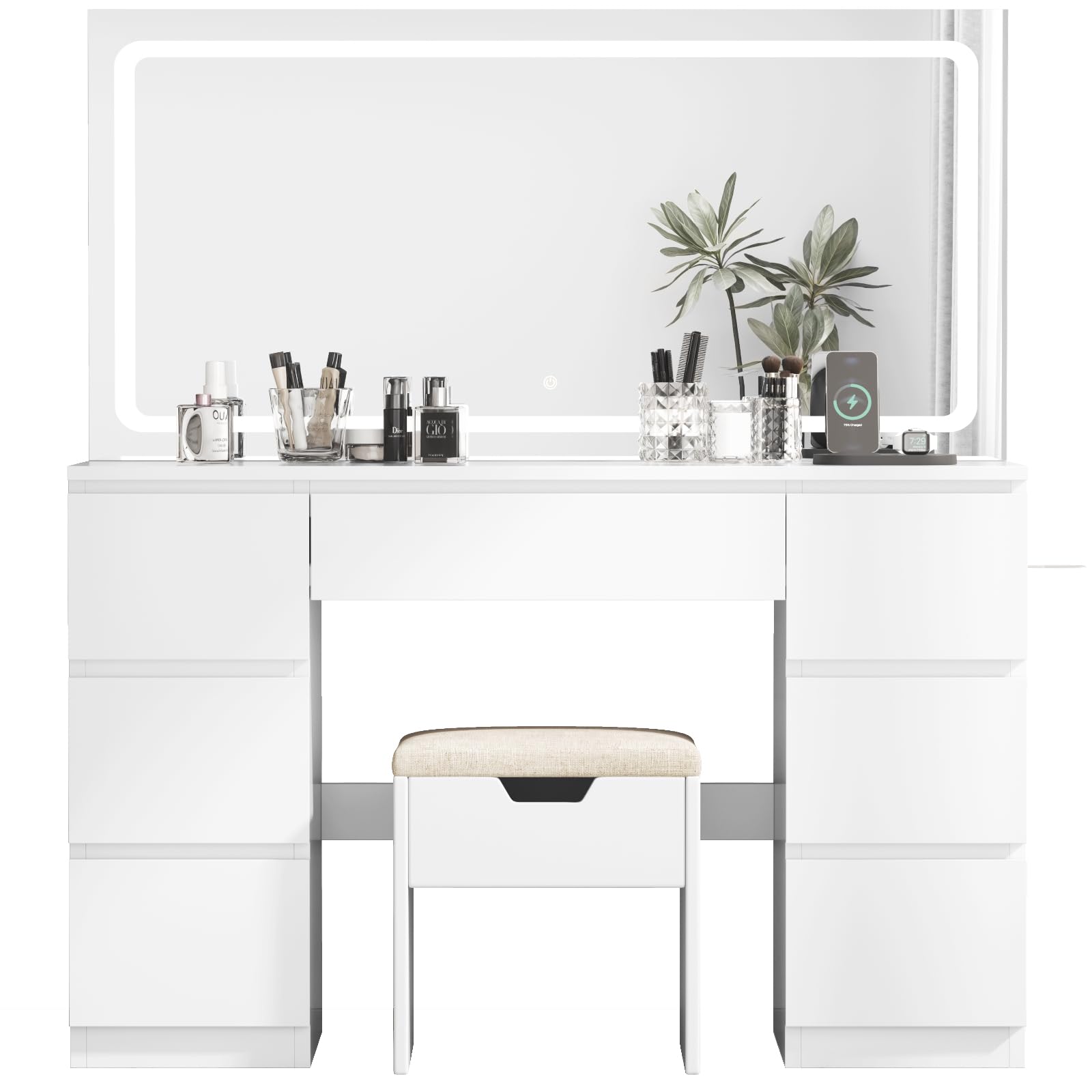 TRIUMPHKEY Schminktisch Groß mit Spiegel und LED Beleuchtung 115cm,Farbtemperatur Einstellbar, 7 Schubladen Schminktisch mit Steckdose Dressing Table mit Hocker,115x40x139cm,Weiß