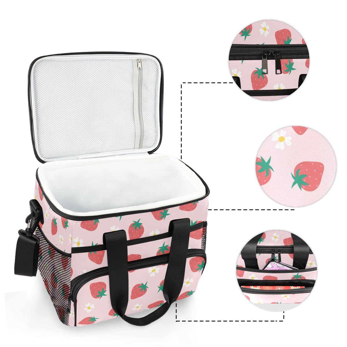 Bolsa de picnic de 15 litros, 24 latas, con aislamiento de fresas brillantes, para viajes, camping, barbacoa, actividades al aire libre, asas, correa para el hombro