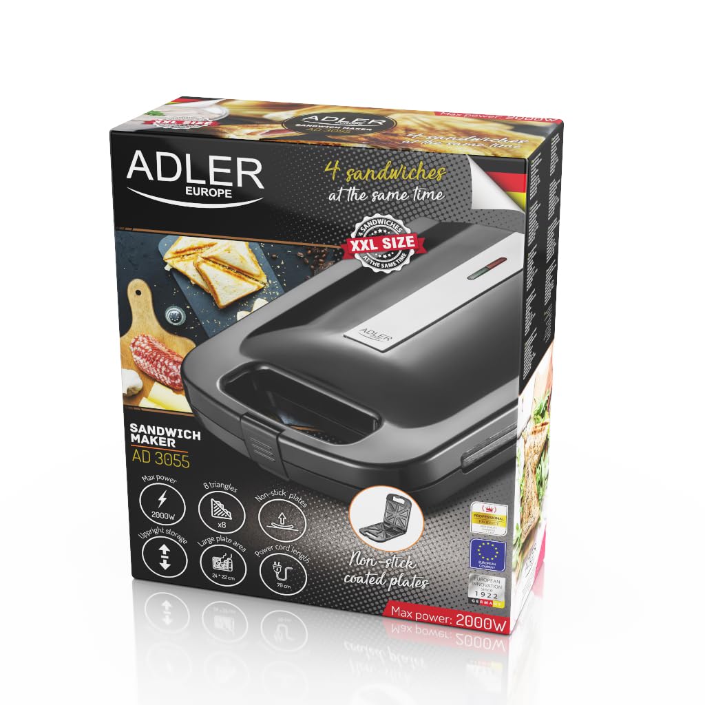 ADLER EUROPE AD 3055 Sandwich Maker 2000W – 4 Sandwiches, Antihaftbeschichtete Platten, Thermostat, Kontrollleuchten, Aufrechte Aufbewahrung, Cool-Touch-Griff, Schwarz